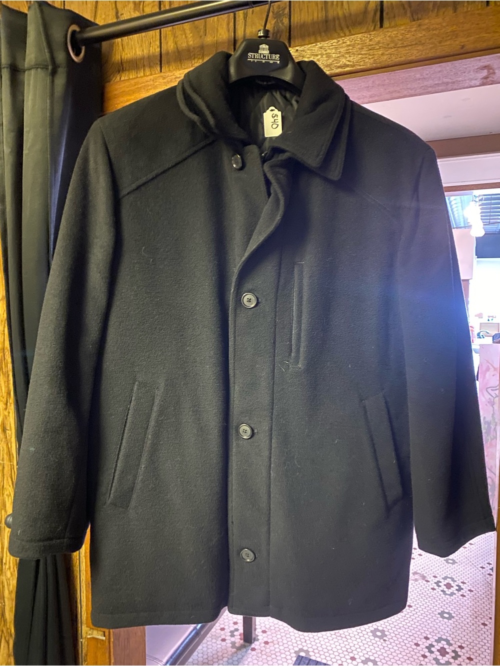 Chaps Black Wool Pea Coat - Classic Button Front